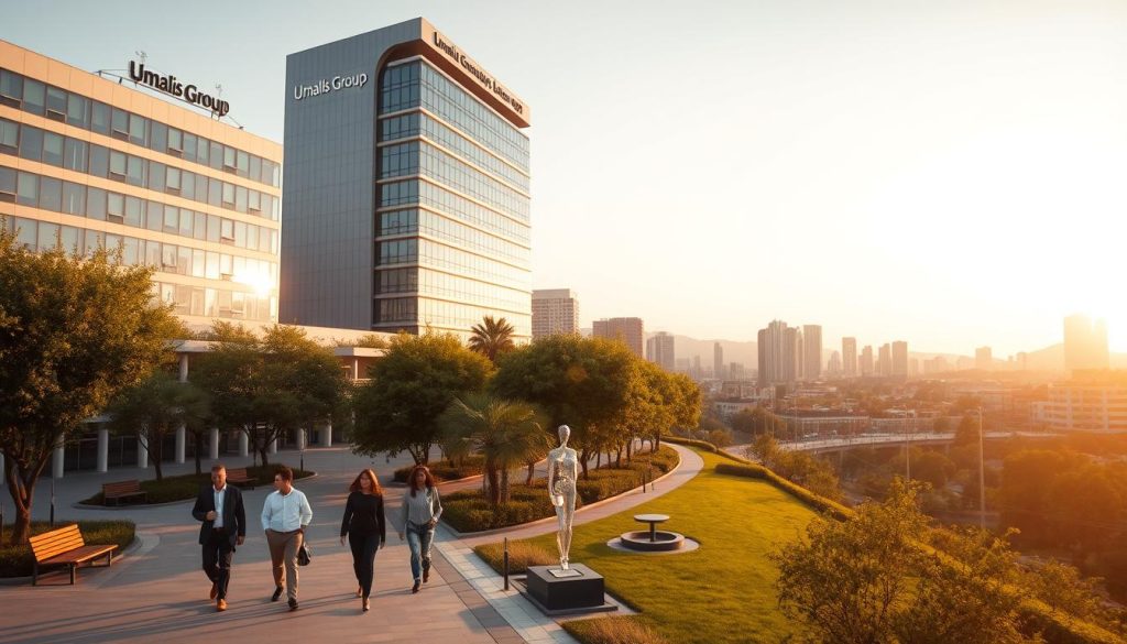 A tranquil city landscape with a prominent Umalis Group office building, its sleek modern architecture basking in warm, golden-hour sunlight. In the foreground, a group of professionals stroll through a lush, tree-lined plaza, discussing the advantages of portage salarial - the flexible employment model that provides comprehensive social security benefits. The middle ground features a well-designed pedestrian walkway, with benches and public art installations that create a welcoming, community-oriented atmosphere. In the background, a vibrant cityscape unfolds, showcasing the integration of work, life, and social welfare within the portage salarial ecosystem.