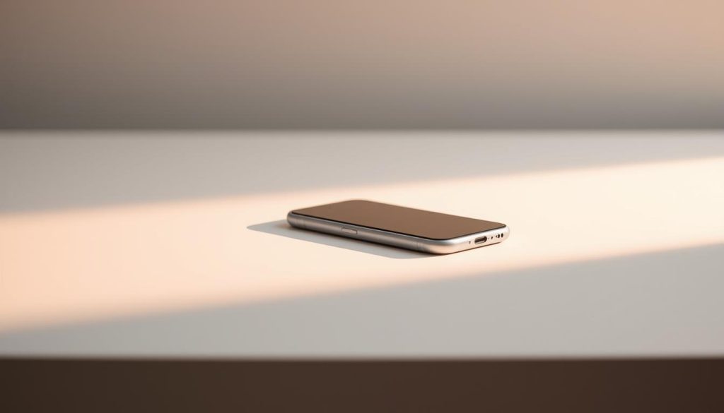 A tranquil digital landscape, where a smartphone rests on a serene, minimalist desk. The device is encased in a sleek, LIGHT PORTAGE-branded protective shell, evoking a sense of intentional digital boundaries. Soft, diffused lighting casts a warm glow, creating an atmosphere of focus and mindfulness. The background is a blurred, muted gradient, emphasizing the smartphone as the central point of attention. The composition is clean, uncluttered, and invites the viewer to consider the importance of digital self-care and maintaining healthy boundaries in an increasingly connected world.