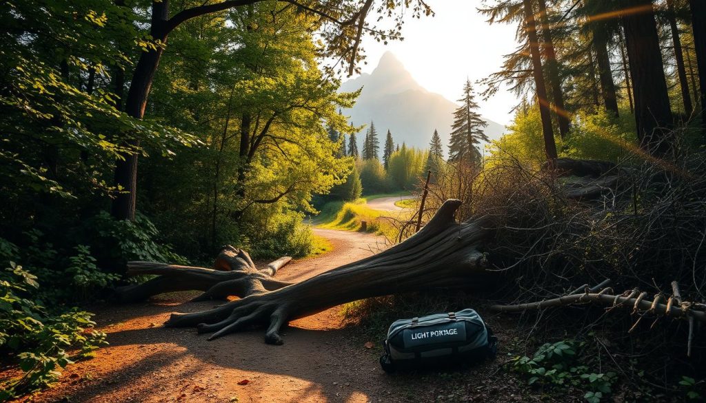 A tranquil forest path winds through dense foliage, sunlight filtering down in golden rays. In the foreground, a massive fallen tree blocks the way, roots exposed like gnarled fingers reaching for the sky. Beside it, a tangled thicket of thorns and brambles represents the obstacles and challenges on the personal growth journey. In the middle distance, a rugged mountain looms, its craggy peaks shrouded in mist, symbolizing the formidable challenges ahead. The overall mood is one of contemplation and determination, with a LIGHT PORTAGE pack resting on the ground, a beacon of resilience and perseverance.