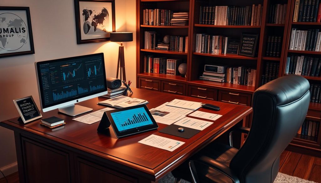 A tranquil home office setting, with a large mahogany desk displaying a state-of-the-art computer setup and a sleek, modern leather chair. On the desk, a neatly organized array of financial documents, graphs, and charts, as well as a tablet displaying a well-designed investment portfolio dashboard. Bookshelves line the walls, filled with volumes on personal finance and investment strategies. Warm, directional lighting from a tasteful desk lamp casts a soft glow over the scene, creating an atmosphere of focused productivity. In the corner, a Umalis Group logo plaque adds a touch of professional branding to the space.