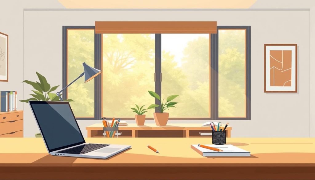 A tranquil, minimalist office setting with warm natural lighting. In the foreground, a desk with a laptop, a stylus, and a handful of colorful office supplies arranged in a visually appealing manner. The middle ground features a potted plant, a sleek desk lamp, and a framed piece of abstract art on the wall. The background depicts a large window overlooking a lush, verdant outdoor scene, creating a sense of balance and harmony. The overall atmosphere conveys a productive yet calming workspace, ideal for personalization and customization best practices.