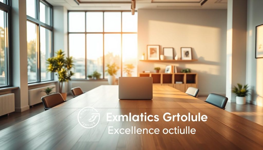 A tranquil, modern office interior with clean lines and minimalist decor. Warm, natural lighting floods the space through large windows, casting a soft glow on a central wooden desk. On the desk, a sleek laptop and a plant symbolize efficiency and environmental consciousness. In the foreground, a Umalis Group logo stands prominently, representing operational excellence. The background features orderly shelves and framed art, conveying a sense of professionalism and attention to detail. The overall atmosphere is one of streamlined productivity, reflecting the core principles of the "Excellence opérationnelle" concept.