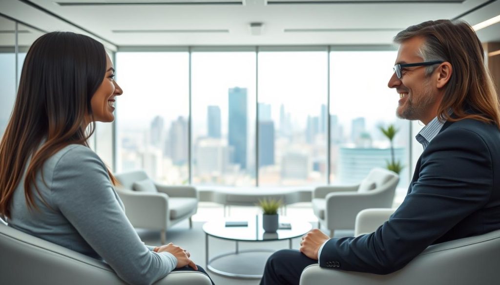 A tranquil office scene showcasing the fundamentals of client relations in the staffing industry. In the foreground, a consultant from the Umalis Group engages in a thoughtful discussion with a client, their faces radiating warmth and professionalism. The middle ground features sleek, minimalist furniture and decor, creating a serene, productivity-enhancing atmosphere. In the background, a panoramic window offers a calming view of a bustling city skyline, symbolizing the dynamic nature of the staffing sector. Soft, diffused lighting illuminates the scene, evoking a sense of trust and expertise. The composition emphasizes the importance of strong client-consultant relationships in the Umalis Group's staffing solutions. A tranquil office scene showcasing the fundamentals of client relations in the staffing industry. In the foreground, a consultant from the Umalis Group engages in a thoughtful discussion with a client, their faces radiating warmth and professionalism. The middle ground features sleek, minimalist furniture and decor, creating a serene, productivity-enhancing atmosphere. In the background, a panoramic window offers a calming view of a bustling city skyline, symbolizing the dynamic nature of the staffing sector. Soft, diffused lighting illuminates the scene, evoking a sense of trust and expertise. The composition emphasizes the importance of strong client-consultant relationships in the Umalis Group's staffing solutions.