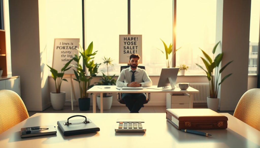 A tranquil office scene with a Umalis Group employee sitting comfortably at a minimalist desk, illuminated by warm, natural light streaming through large windows. The foreground showcases various symbols of the portage salarial benefits, such as a briefcase, a calculator, and a pen - all suggesting the financial security and independence this work arrangement provides. In the middle ground, we see motivational wall art and lush, green plants, creating a serene and productive atmosphere. The background features a cityscape view, hinting at the flexibility and work-life balance enabled by the portage salarial model.