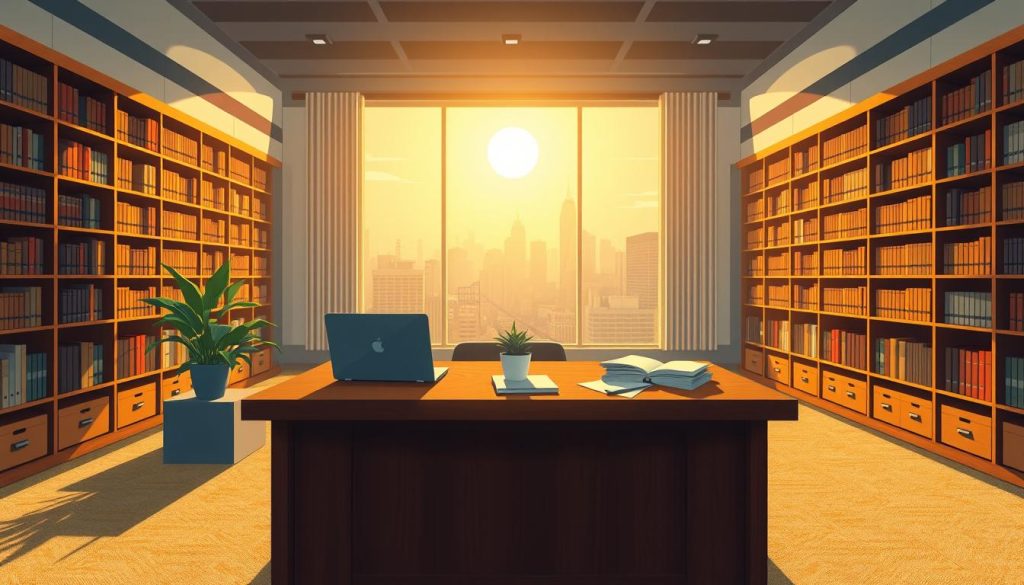 A tranquil office scene with a large, wooden desk in the foreground. On the desk, a laptop, a stack of papers, and a potted plant. In the middle ground, rows of bookshelves line the walls, casting a warm, soft light across the room. In the background, a panoramic window overlooks a bustling city skyline, the sun's rays streaming in. The overall atmosphere is one of professionalism, productivity, and credibility - a space that inspires trust and confidence. The lighting is natural, with a subtle, cinematic quality, highlighting the textures and details of the office furnishings.