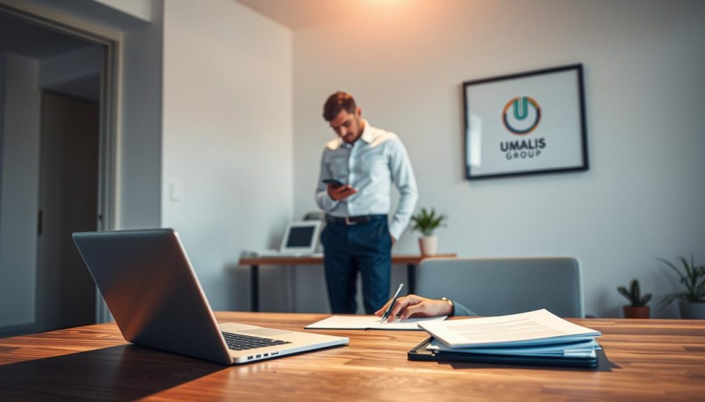 A tranquil office scene with a professional employee engrossed in their work, representing the concept of "portage salarial". In the foreground, a wooden desk with a laptop, pen, and documents neatly arranged, bathed in warm, natural lighting. In the middle ground, the employee, clad in a crisp white shirt and navy blue trousers, their face in deep concentration as they type on the keyboard. The background features a minimalist, yet stylish office space, with clean lines, neutral tones, and a framed Umalis Group logo on the wall, reflecting the company's brand identity. The overall mood is one of productivity, professionalism, and the interconnectedness of the employee and the organization they represent.
