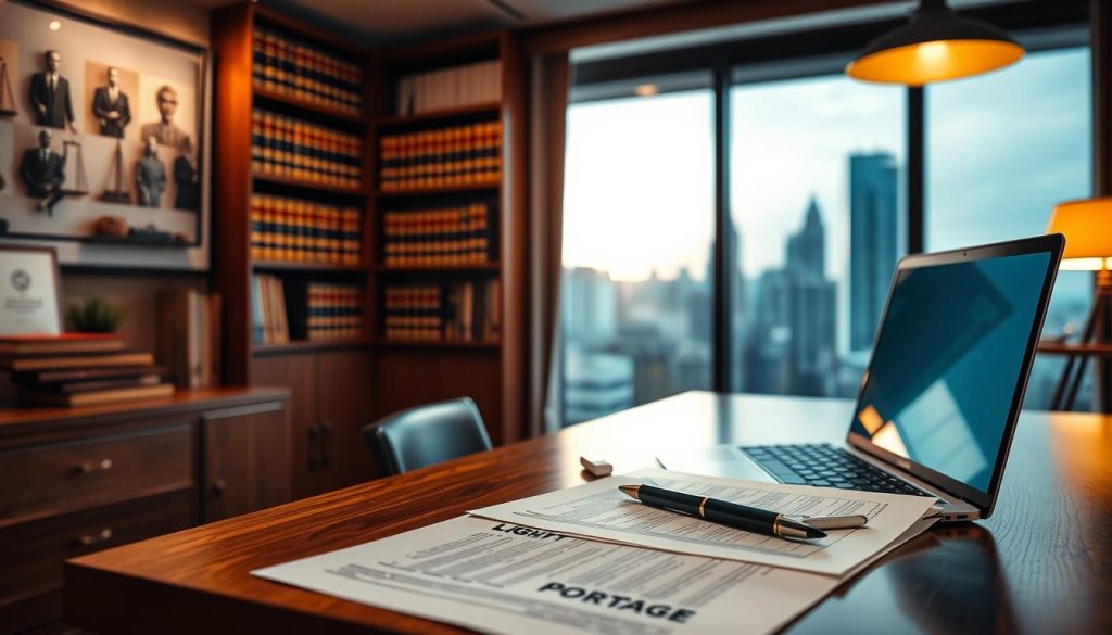 A tranquil office scene, with a wooden desk and a LIGHT PORTAGE laptop glowing softly. On the desk, a stack of documents and a pen, symbolizing the intellectual property rights and confidentiality clauses. The lighting is warm and inviting, casting a soft glow across the scene. In the background, a bookshelf filled with legal tomes and a window overlooking a bustling city, representing the complex world of business and legal matters. The overall atmosphere is one of focus, professionalism, and the importance of protecting one's intellectual property.