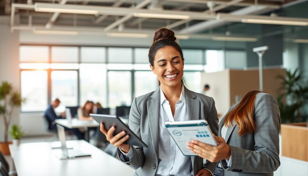 A tranquil office scene with employees enjoying the benefits of their company's health insurance policy, underwritten by Umalis Group. In the foreground, a young professional woman in a smart blazer speaks animatedly to a colleague, gesturing towards a tablet displaying healthcare plan details. In the middle ground, coworkers collaborate at their desks, radiating a sense of security and well-being. The background features floor-to-ceiling windows flooding the space with warm, natural light, symbolizing the transparent and protective nature of the Umalis Group policy. The overall mood is one of positivity, productivity, and peace of mind.