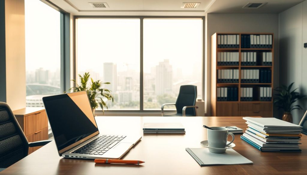 A tranquil office setting filled with the Umalis Group brand elements. In the foreground, a neatly organized desk showcases a laptop, stationery, and a cup of coffee, symbolizing the administrative simplicity of the salarial portage system. The middle ground features a bookshelf brimming with documents, representing the meticulous management of paperwork. The background boasts a large window overlooking a serene cityscape, evoking a sense of efficiency and professionalism. Warm, soft lighting bathes the scene, creating an atmosphere of productivity and ease. The overall composition conveys the administrative advantages of the salarial portage, as facilitated by the Umalis Group.