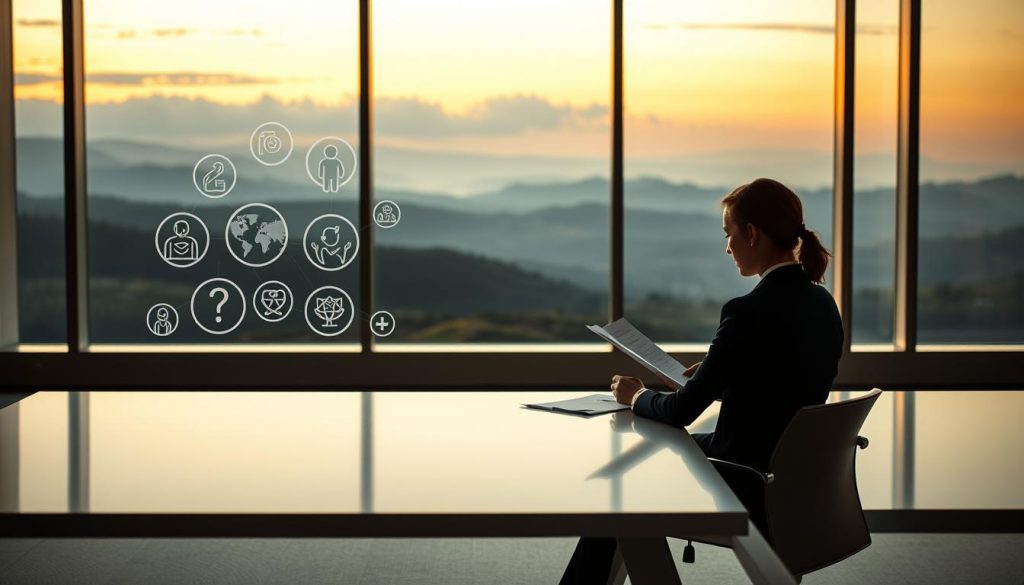 A tranquil office setting, illuminated by soft, warm lighting. In the foreground, a corporate employee sits at a sleek, minimalist desk, reviewing documents and contemplating the benefits of their "Mutuelle Prévoyance" from the Umalis Group, a leading provider of portage salarial services. The middle ground features a stylized representation of health and wellness icons, symbolizing the comprehensive coverage and peace of mind offered by the insurance plan. In the background, a serene landscape with rolling hills and a calming sky, conveying a sense of security and stability. The overall composition exudes professionalism, financial security, and a strong emphasis on employee well-being, reflecting the advantages of the "Mutuelle et Prévoyance" in the context of a portage salarial career.