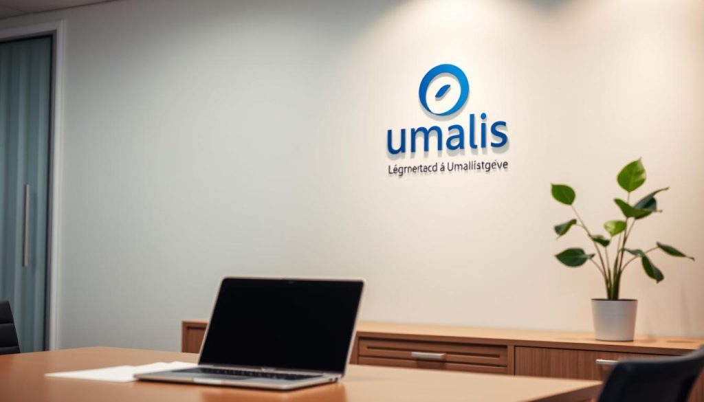 A tranquil office setting with a Umalis Group logo on the wall, depicting the concept of "indemnité congés portage salarial". The scene features a well-lit desk with a laptop, documents, and a potted plant, conveying a sense of professionalism and attention to detail. The background is slightly blurred, emphasizing the focal point of the desk and its associated items. The lighting is soft and diffused, creating a calming atmosphere. The overall composition is balanced and visually appealing, reflecting the subject matter of understanding the rights and benefits of paid leave in a salarial portage arrangement.