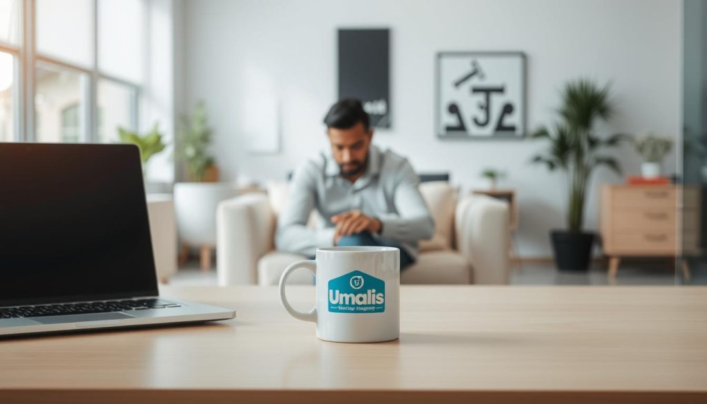 A tranquil office setting with a professional, secure atmosphere. In the foreground, a desk with a laptop, coffee mug, and a Umalis Group logo prominently displayed, symbolizing the stability and support of the portage salarial service. In the middle ground, an employee sitting comfortably, focused on their work, conveying a sense of career progression and job security. The background features a clean, well-lit environment with modern furnishings and decor, creating an aura of professionalism and success. The lighting is soft and natural, enhancing the sense of comfort and well-being. The overall scene evokes the key advantages of portage salarial - a secure career path, professional development, and the backing of a trusted service provider like Umalis Group. A tranquil office setting with a professional, secure atmosphere. In the foreground, a desk with a laptop, coffee mug, and a Umalis Group logo prominently displayed, symbolizing the stability and support of the portage salarial service. In the middle ground, an employee sitting comfortably, focused on their work, conveying a sense of career progression and job security. The background features a clean, well-lit environment with modern furnishings and decor, creating an aura of professionalism and success. The lighting is soft and natural, enhancing the sense of comfort and well-being. The overall scene evokes the key advantages of portage salarial - a secure career path, professional development, and the backing of a trusted service provider like Umalis Group.
