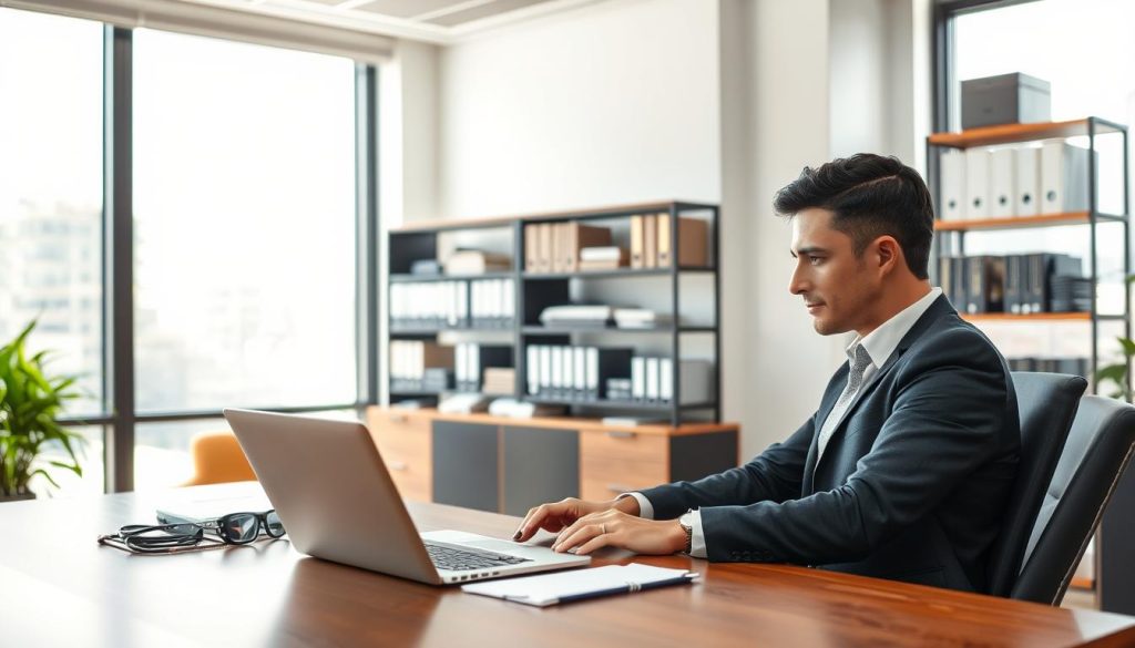 A tranquil office setting with a professional yet inviting atmosphere. In the foreground, a businessperson in smart casual attire sits at a desk, intently focused on a laptop screen. On the desk, a nameplate reads "Umalis Group", signifying a thriving career in the portage salarial industry. The middle ground features shelves filled with neatly organized files and reference materials, conveying a sense of structure and organization. The background showcases large windows, allowing natural light to pour in and illuminate the space. The overall scene exudes an air of productivity, success, and the rewarding steps towards achieving one's professional goals through the portage salarial model.