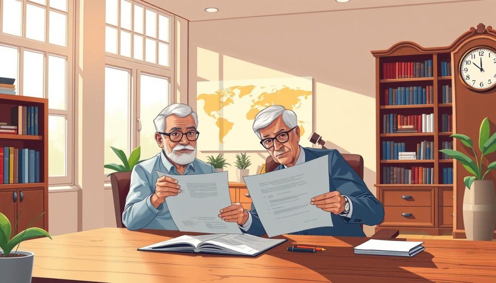 A tranquil office setting with a senior couple thoughtfully reviewing pension planning documents. Soft natural lighting filters through large windows, casting a warm glow on the scene. The couple sits at a sturdy oak desk, their expressions reflecting a mix of concentration and careful consideration. Bookshelves line the walls, hinting at a lifetime of financial wisdom. In the background, a stylized world map and elegant clock add a sense of perspective and the passage of time. The overall atmosphere conveys a sense of diligence, foresight, and a commitment to securing a comfortable retirement.