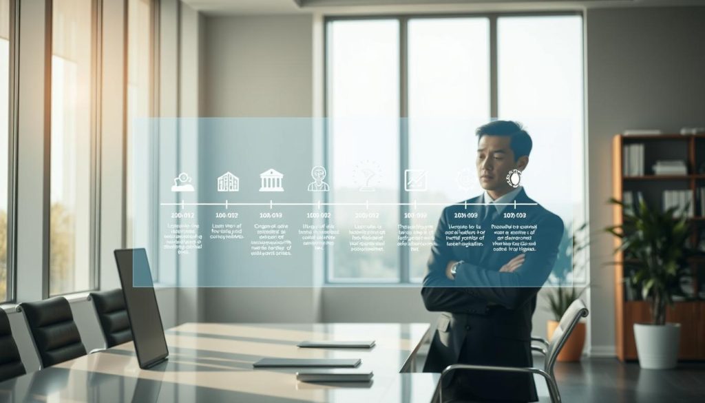 A tranquil office setting, with sunlight filtering through tall windows, illuminating a sleek, modern workspace. In the foreground, a holographic display presents the evolution of legal regulations surrounding "Light Portage", a leading provider of salarial portage services. Floating above the desk, the display showcases a timeline of key legislative milestones, each represented by clean, minimalist icons. The middle ground features a professional, well-dressed individual reviewing the information, their expression thoughtful and engaged. In the background, a bookshelf and potted plants add a sense of authority and sophistication to the scene. The overall atmosphere conveys a sense of progress, innovation, and the careful consideration of the legal landscape surrounding this emerging employment model.