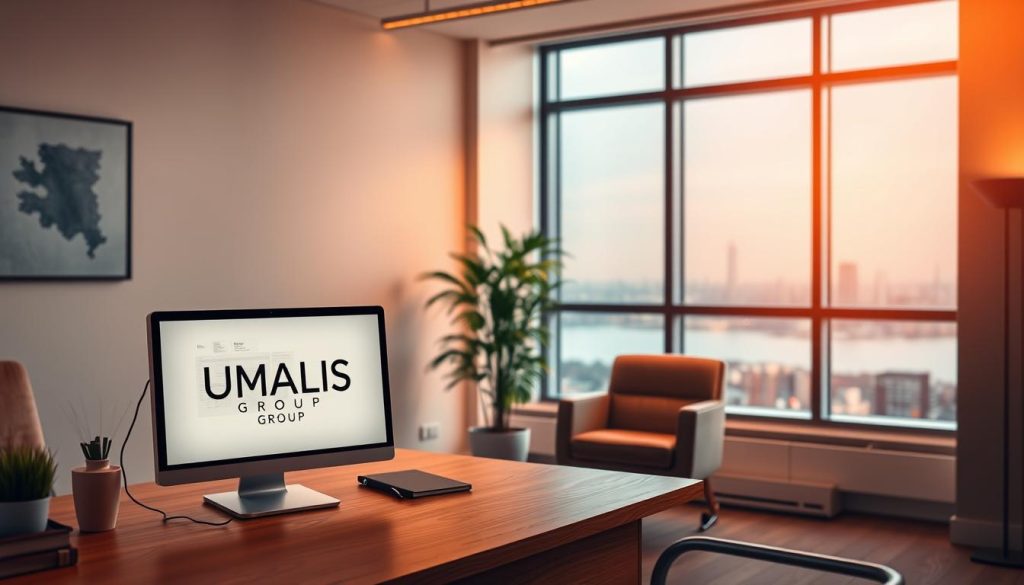 A tranquil office setting with warm lighting and a sense of security and assurance. In the foreground, a desk displaying the "UMALIS GROUP" logo, with a computer monitor showcasing insurance policies and financial planning documents. The middle ground features a comfortable chair and a potted plant, creating a welcoming atmosphere. In the background, a large window provides a serene view of a peaceful cityscape, symbolizing the stability and protection offered by the "Plan de prévoyance". The overall composition conveys a sense of professionalism, reliability, and a commitment to securing one's professional future.