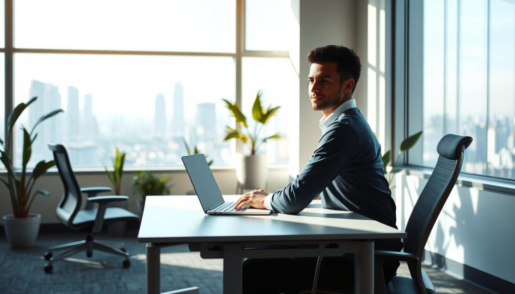 A tranquil office space bathed in natural light, conveying a sense of autonomy and control. In the foreground, a Umalis Group employee sits at a sleek, minimalist desk, deeply focused on their work, unencumbered by micromanagement. The middle ground features ergonomic chairs, potted plants, and a large window offering a panoramic view of a bustling city skyline. The background is a calming, neutral-toned environment, exuding a feeling of professional independence and work-life balance. The atmosphere is one of quiet productivity, where the employee's expertise and judgment are trusted, fostering a fulfilling and empowered work experience.