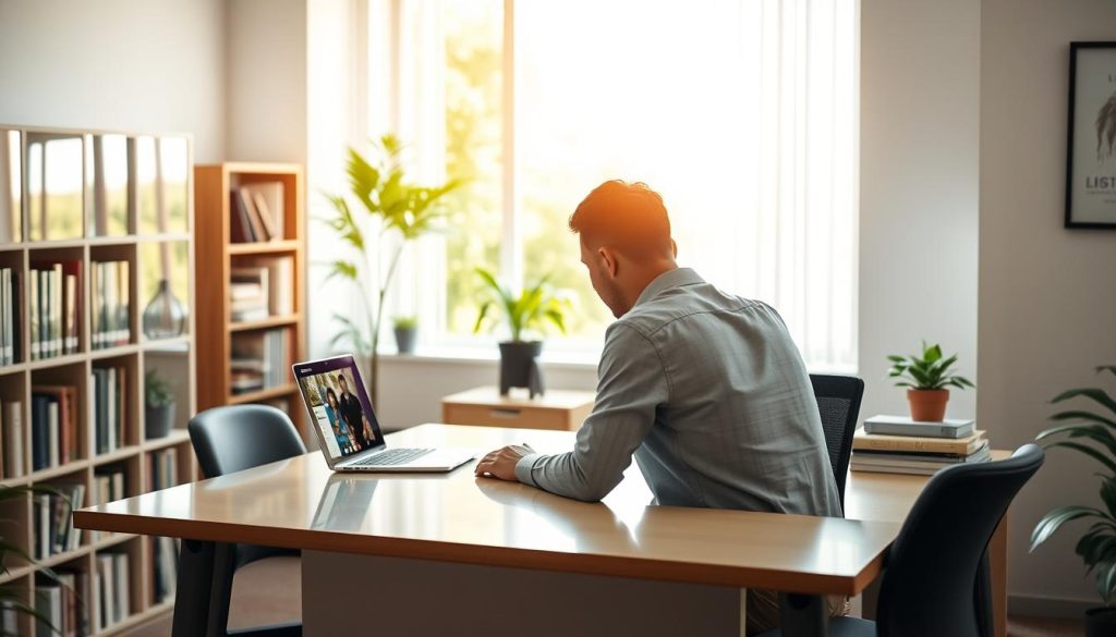 A tranquil office space filled with the glow of natural light, where a professional sits at a desk intently studying a series of free online certification courses displayed on a laptop screen. The desk is adorned with the "Light Portage" brand, reflecting the serene and enlightening atmosphere. Surrounding the focal point, the background features a bookshelf brimming with educational resources and a window offering a glimpse of a verdant, sun-dappled landscape, symbolizing the boundless opportunities for growth and self-improvement through accessible, self-paced learning.