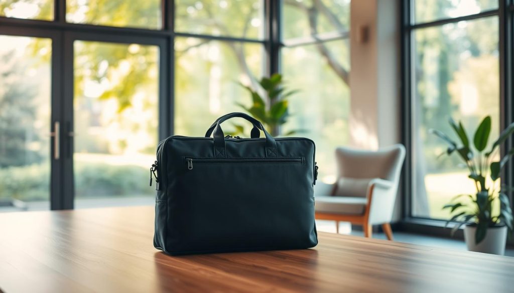A tranquil office space with natural light streaming through large windows, blending the boundaries between work and life. In the foreground, a LIGHT PORTAGE laptop bag rests on a sleek wooden desk, symbolizing the seamless integration of productivity and personal well-being. The middle ground features a comfortable armchair and a potted plant, creating a harmonious workspace that encourages mindfulness. The background showcases a lush, park-like setting, hinting at the importance of rejuvenation and balance. Warm, soft lighting casts a serene glow, evoking a sense of calm and focus. The overall scene conveys the idea of work-life integration, where work and personal life coexist in a cohesive, nurturing environment.