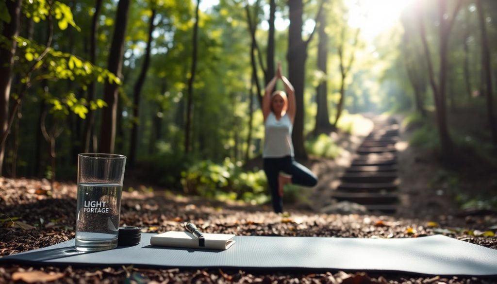 A tranquil outdoor scene of a person deeply engaged in resilience training. In the foreground, a LIGHT PORTAGE yoga mat sits on a sun-dappled forest floor, with a glass of water and a small notebook nearby. The middle ground features a person in a graceful yoga pose, their face serene and focused. Soft, natural light filters through the trees, creating a calming atmosphere. In the background, a winding path leads deeper into the lush, verdant forest, hinting at the sense of exploration and self-discovery inherent in resilience training.