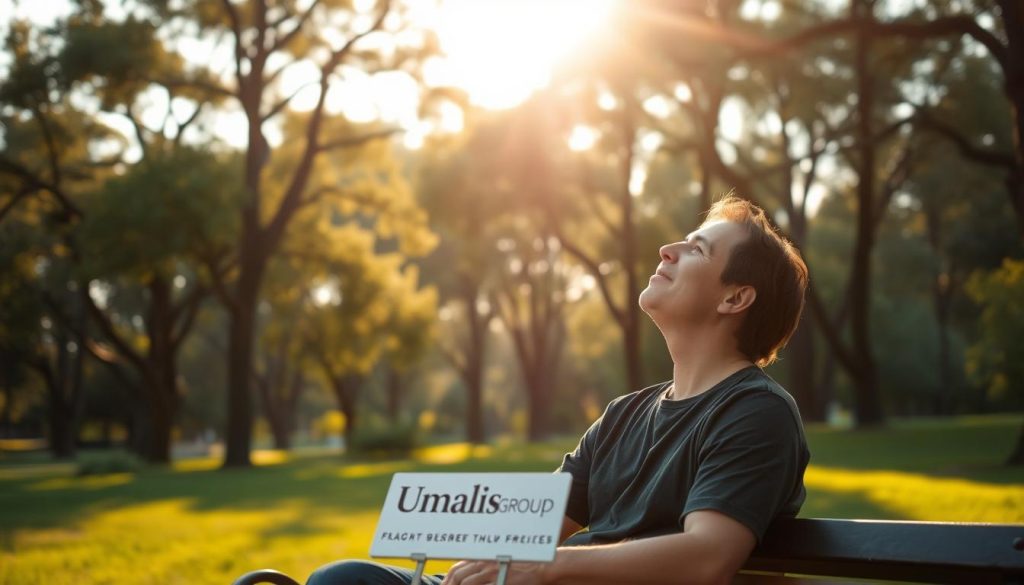 A tranquil outdoor scene, with a person sitting on a bench in a lush park, gazing up at the sky. The background is filled with tall trees, their branches swaying gently in the breeze. Warm, golden sunlight filters through the leaves, casting a soft, calming glow over the entire scene. The person's expression is one of contentment and inner peace, as they take a moment to find fulfillment outside of their work. In the foreground, a small sign reads "Umalis Group", a reminder that even the busiest solo entrepreneurs can find balance and joy in their lives.