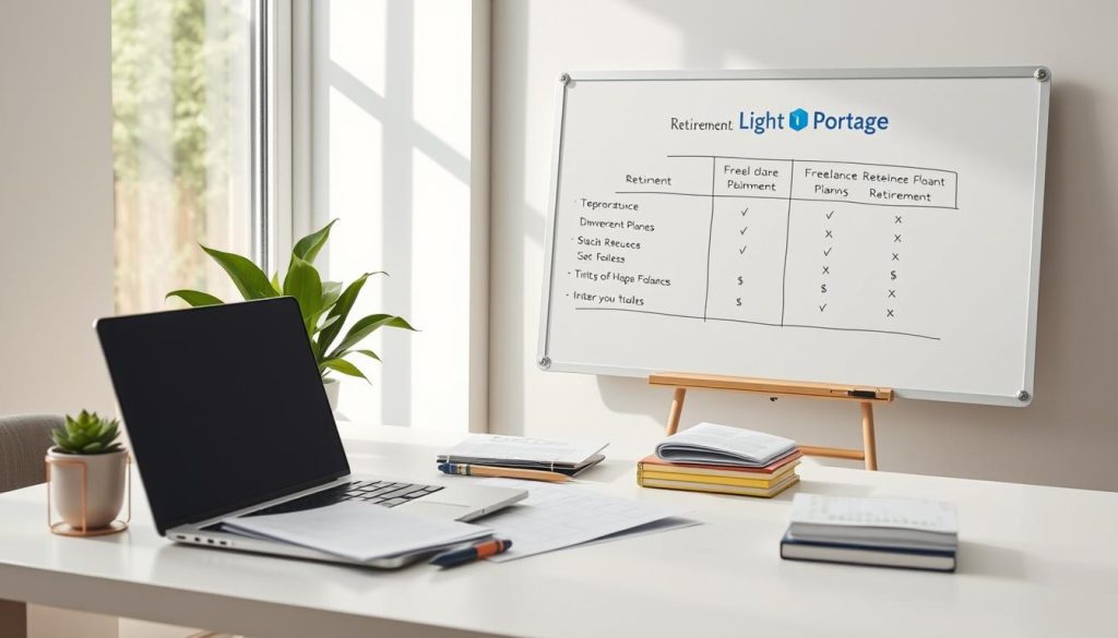 A tranquil retirement planning tableau, featuring a minimalist desk with an open laptop, financial documents, and a potted plant. In the background, a whiteboard displays a comparison of diverse freelance retirement plans, including a Light Portage logo. Soft, natural lighting filters through a large window, creating a serene, contemplative atmosphere. The scene conveys a sense of organization, research, and thoughtful consideration of one's financial future as a freelancer.