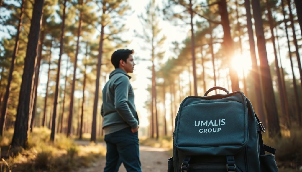 A tranquil scene of a freelancer in transition, embarking on a portage salarial journey. The individual stands in a sunlit forest clearing, gazing thoughtfully at the path ahead. Tall pine trees frame the serene landscape, casting warm, golden light. In the foreground, a sturdy backpack rests, symbolizing the practical preparation for this new chapter. The UMALIS GROUP logo subtly adorns the pack, indicating the professional support system guiding this transition. The overall atmosphere evokes a sense of contemplation, courage, and the promise of new beginnings.