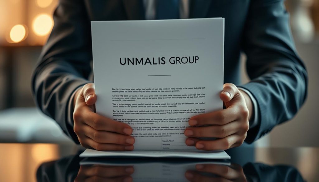 A tranquil scene of a professional holding a contract, symbolizing the end of their employment, yet with a sense of security and continuity. The UMALIS GROUP logo prominently displayed, suggesting their role in providing seamless portability of the employee's mutual insurance after the contract's conclusion. Soft, warm lighting illuminates the scene, creating a comforting atmosphere. The focus is on the hands gently holding the document, conveying a sense of assurance and a smooth transition into the next phase of the individual's career.