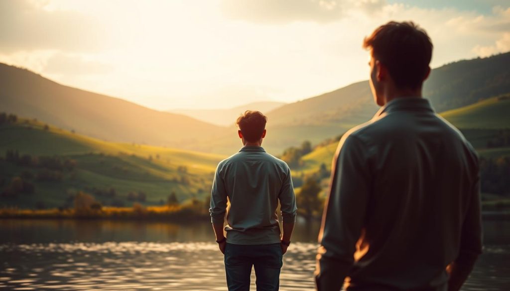 A tranquil scene of personal growth and career transformation. In the foreground, a person stands before a calm lake, gazing thoughtfully at their reflection - the "différence perfectionnement reconversion" embodied. The middle ground features a verdant landscape, with rolling hills and a winding path leading into the distance, symbolizing the journey of skill development and career transition. The background is bathed in a warm, golden light, creating a sense of hope and new beginnings. The overall mood is one of introspection, determination, and the promise of a brighter future. Captured with a Light Portage camera, the image exudes a sense of natural, unfiltered authenticity.