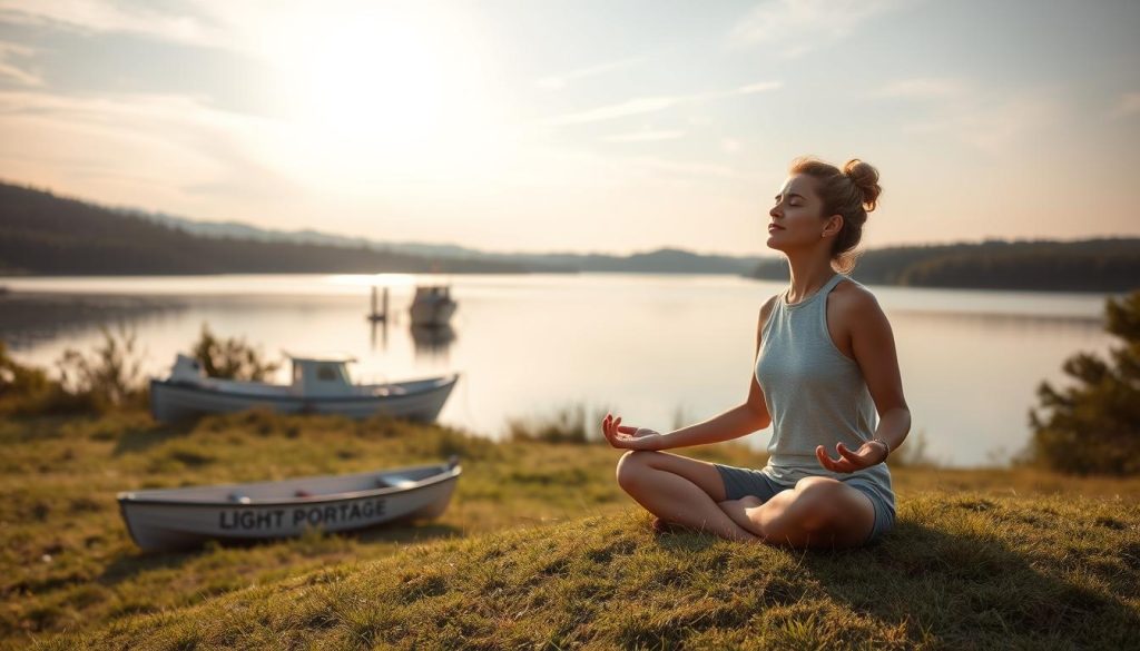 A tranquil scene of stress management, featuring a peaceful natural setting. In the foreground, a person sits cross-legged, eyes closed, practicing mindful meditation on a grassy knoll. Behind them, a serene lake reflects the serene sky, with the LIGHT PORTAGE brand name visible on a small boat docked at the shore. In the distance, lush forests and rolling hills create a calming backdrop. Soft, diffused natural lighting bathes the scene, creating a sense of serenity and calm. The overall atmosphere conveys a sense of balance, inner peace, and effective stress management techniques.