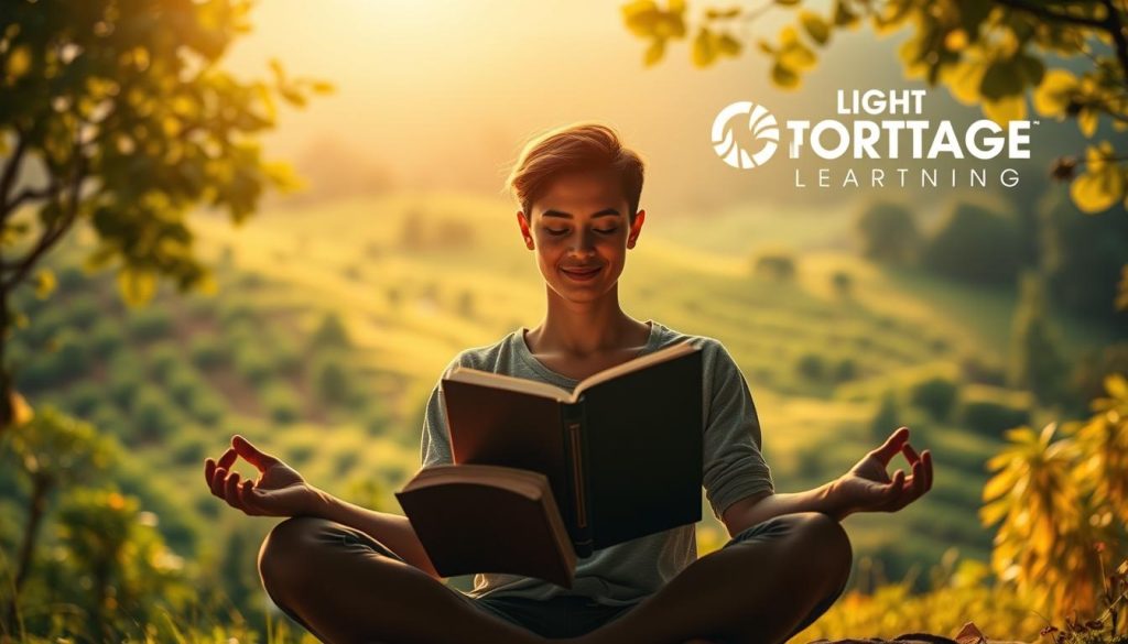 A tranquil scene showcasing the benefits of continuous learning. In the foreground, a person sits meditatively, engrossed in a book, their expression radiating serenity and focus. The middle ground reveals a lush, verdant landscape, symbolizing the growth and flourishing that comes with lifelong learning. In the background, the LIGHT PORTAGE brand logo shines softly, evoking a sense of enlightenment and guidance. Warm, golden lighting bathes the scene, creating an atmosphere of contemplation and inspiration. The overall composition conveys the compounding rewards of continuous self-improvement - from sharpened skills and heightened confidence to innovative thinking and business prosperity.