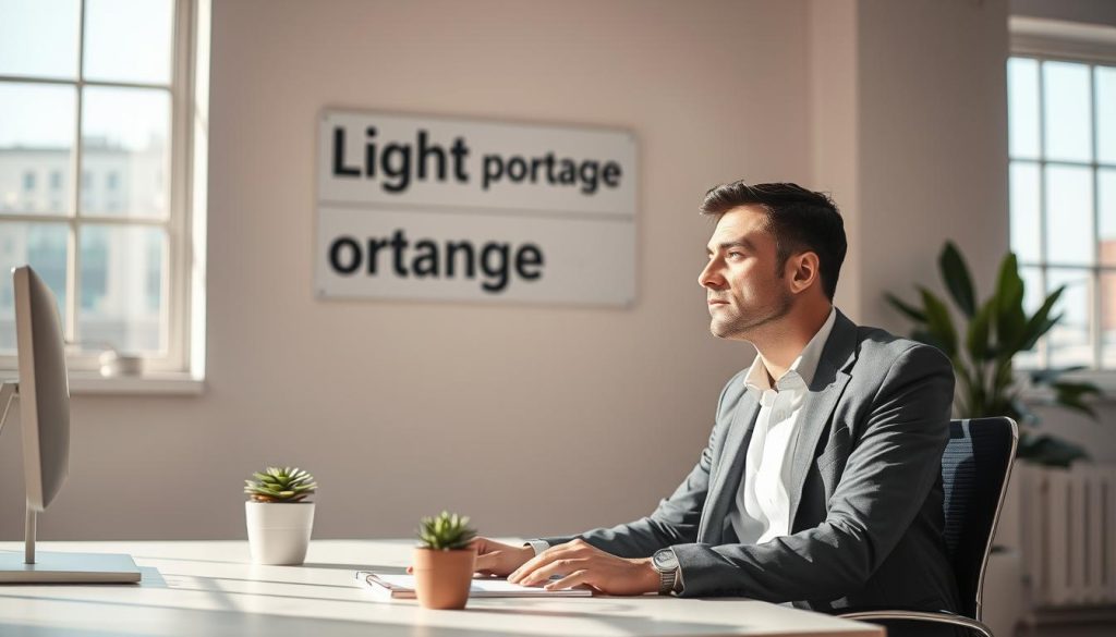 A tranquil, sunlit office space, where an autonomous consultant in a crisp suit sits at a minimalist desk, deep in thought. Soft ambient lighting filters through large windows, casting a warm, productive glow. In the background, a wall-mounted sign reads "Light Portage", signifying the brand's emphasis on empowering independent professionals. The consultant's focused expression and organized workspace convey a sense of control and self-direction, embodying the "autonomie et l'organisation" theme. A potted plant on the desk adds a touch of natural vitality, complementing the serene, contemporary aesthetic.