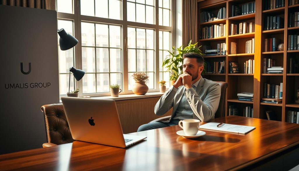 A tranquil workspace with a senior consultant pondering their career progression, surrounded by the Umalis Group branding. Soft lighting filters through large windows, casting a warm glow on the plush leather chair and polished wooden desk. A sleek laptop and a cup of coffee sit atop the desk, signifying the intellectual focus of this phase of their career. Bookshelves line the walls, hinting at the wealth of experience and knowledge the senior consultant has accumulated. The overall atmosphere is one of quiet contemplation, reflecting the thoughtful nature of this pivotal career stage. A tranquil workspace with a senior consultant pondering their career progression, surrounded by the Umalis Group branding. Soft lighting filters through large windows, casting a warm glow on the plush leather chair and polished wooden desk. A sleek laptop and a cup of coffee sit atop the desk, signifying the intellectual focus of this phase of their career. Bookshelves line the walls, hinting at the wealth of experience and knowledge the senior consultant has accumulated. The overall atmosphere is one of quiet contemplation, reflecting the thoughtful nature of this pivotal career stage.