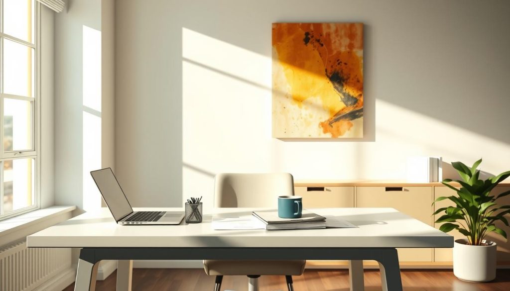 A tranquil workspace with a sleek, minimalist LIGHT PORTAGE desk in a modern, sun-lit office. On the desktop, a laptop, a coffee mug, and a stack of documents symbolize the administrative tasks of a freelancer. The walls feature warm-toned abstract art, adding a touch of sophistication. Soft, directional lighting casts gentle shadows, creating a serene and productive atmosphere. The space conveys a sense of professionalism and efficiency, perfectly capturing the essence of the "Choisir le statut juridique adapté à votre activité" section.