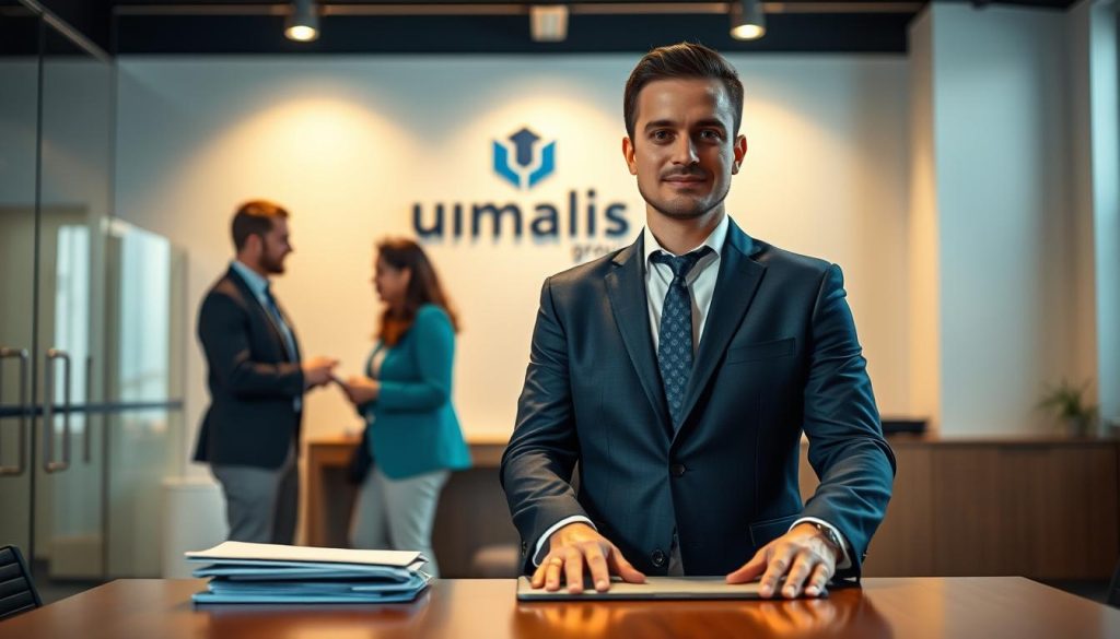 A transition manager, dressed in a sharp suit, stands confidently in an office setting. The foreground features their hands on a desk, surrounded by a few folders and a laptop. The middle ground showcases the manager engaged in discussion with two colleagues, their expressions thoughtful. In the background, the Umalis Group logo is prominently displayed on the wall, indicating the context of this professional transition management scenario. Warm, directional lighting casts a sense of purpose, while a shallow depth of field emphasizes the manager's central role. The overall atmosphere conveys an air of competence, collaboration, and a forward-thinking approach to organizational change. A transition manager, dressed in a sharp suit, stands confidently in an office setting. The foreground features their hands on a desk, surrounded by a few folders and a laptop. The middle ground showcases the manager engaged in discussion with two colleagues, their expressions thoughtful. In the background, the Umalis Group logo is prominently displayed on the wall, indicating the context of this professional transition management scenario. Warm, directional lighting casts a sense of purpose, while a shallow depth of field emphasizes the manager's central role. The overall atmosphere conveys an air of competence, collaboration, and a forward-thinking approach to organizational change.