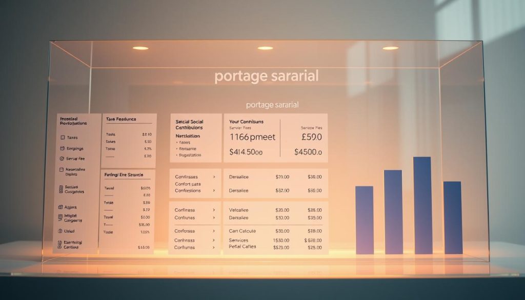 A transparent financial structure with a clear breakdown of costs and earnings, illuminated by warm, diffuse lighting that casts a sense of clarity and openness. In the foreground, a detailed visual representation of various expense categories, such as taxes, social contributions, and service fees, arranged in a balanced, easy-to-understand layout. The middle ground features a sleek, modern interface displaying salary calculations and net income, while the background subtly suggests the larger context of the "portage salarial" project, with a minimalist, clean aesthetic. The overall composition conveys professionalism, transparency, and the empowerment of freelancers through the process of understanding their financial landscape.