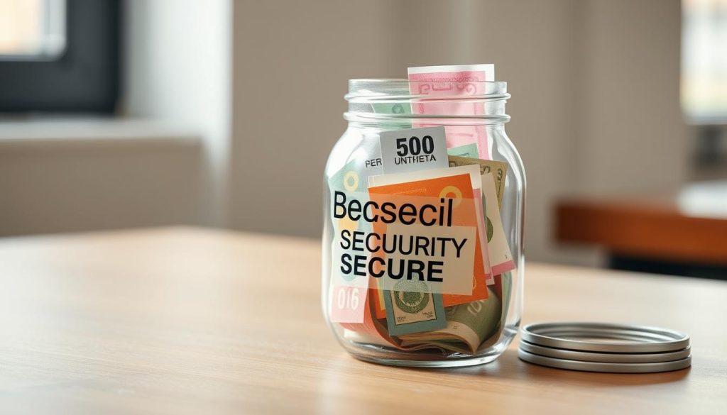 A transparent glass jar filled with colorful paper bills, representing social security contributions in a temporary employment contract. The jar is placed on a wooden desk, with a neutral background of soft, natural light filtering through a window. The composition emphasizes the financial aspects of the social security system in the context of a salaried portage arrangement, creating a sense of professionalism and fiscal responsibility.