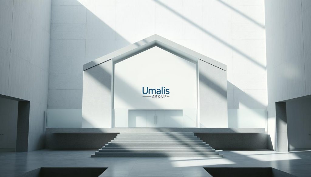 A tripartite structure representing the salary portage system, featuring Umalis Group as the intermediary between the client company and the independent professional. A modern, minimalist architectural design with clean lines, geometric shapes, and a neutral color palette of grays, whites, and subtle blues. Soft, indirect lighting casts dynamic shadows, creating depth and emphasizing the structure's form. The composition is balanced, with the three main elements positioned prominently in the frame, conveying a sense of stability and professionalism. The overall mood is one of efficiency, reliability, and financial security.
