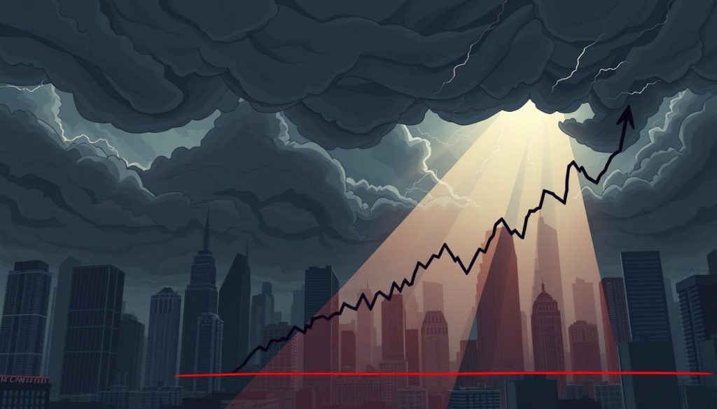 A turbulent financial landscape, with swirling clouds of uncertainty casting shadows over a cityscape of towering skyscrapers. In the foreground, a jagged graph depicting the volatility of stock prices, conveying the risks and shocks that independent professionals must navigate. The scene is bathed in a moody, desaturated palette, creating a sense of unease and tension. Rays of light pierce through the gloom, offering a glimmer of hope amidst the chaos. The composition is shot from a low angle, emphasizing the imposing, foreboding nature of the financial markets. Subtle details, such as lightning flashes and ominous weather patterns, add to the sense of impending danger.