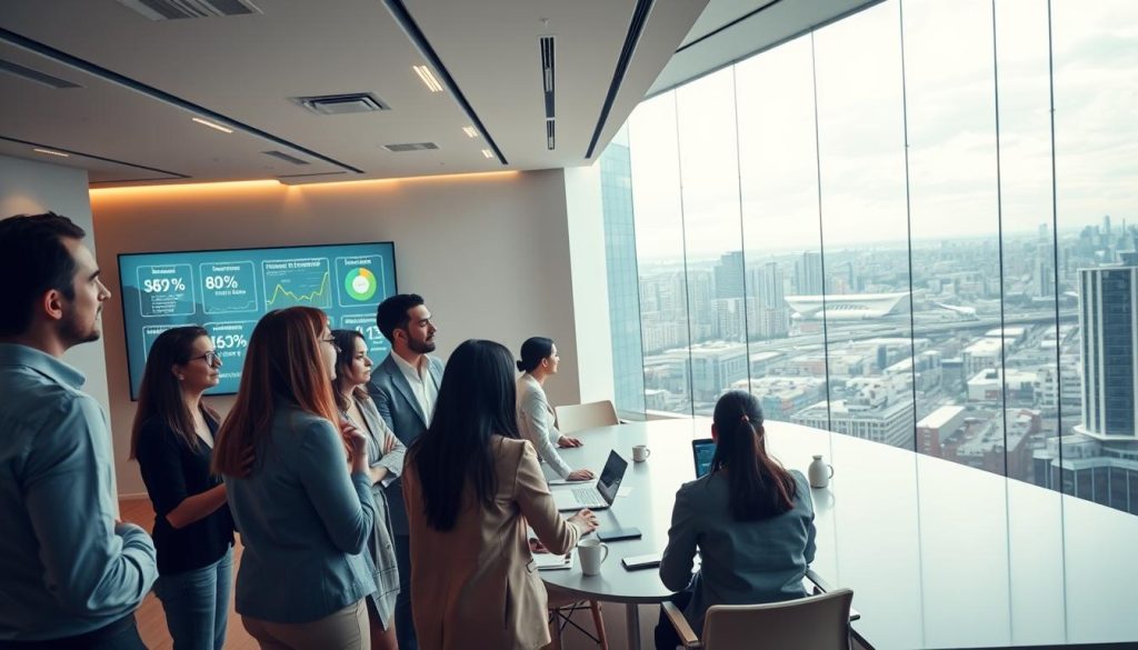 A vast, airy office space with warm lighting and a serene atmosphere. In the foreground, a group of professionals engage in a lively discussion, their expressions animated as they review data visualizations and customer testimonials projected on a sleek digital display. In the middle ground, a team gathers around a long conference table, scrutinizing reports and exchanging insights. The background features a panoramic view of a bustling city skyline, hinting at the scale and success of the Boratge Salaryal program. The overall scene conveys a sense of professionalism, collaboration, and a customer-centric approach to business growth.