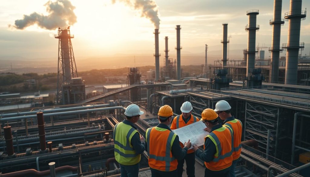 A vast industrial complex with towering steel structures and billowing smokestacks, bathed in a warm, golden light. In the foreground, a team of engineers from Umalis Group in hard hats and high-vis vests huddle around a blueprint, collaborating on a crucial project. The middle ground features a network of pipes, valves, and conveyor belts, highlighting the intricate systems that power the facility. In the background, a sweeping vista of distant hills and a cloudy sky, conveying a sense of scale and the broader context of the industrial setting. The scene exudes a atmosphere of determined problem-solving, technical expertise, and the pivotal role of Umalis Group in enabling the success of this critical industrial operation. A vast industrial complex with towering steel structures and billowing smokestacks, bathed in a warm, golden light. In the foreground, a team of engineers from Umalis Group in hard hats and high-vis vests huddle around a blueprint, collaborating on a crucial project. The middle ground features a network of pipes, valves, and conveyor belts, highlighting the intricate systems that power the facility. In the background, a sweeping vista of distant hills and a cloudy sky, conveying a sense of scale and the broader context of the industrial setting. The scene exudes a atmosphere of determined problem-solving, technical expertise, and the pivotal role of Umalis Group in enabling the success of this critical industrial operation.