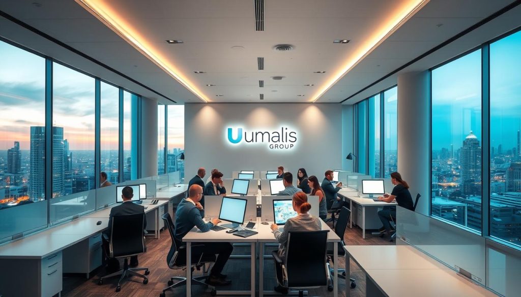 A vast, modern office interior with floor-to-ceiling windows overlooking a vibrant city skyline. Sleek desks and chairs in a minimalist, Scandinavian-inspired design. Umalis Group's logo prominently displayed on the wall. Teams of professionals collaborating intently, digital devices and screens illuminating their faces. Soft, directional lighting casts a warm, productive glow. The atmosphere exudes an air of innovation, efficiency, and the transformative power of technology. Subtle, understated elegance conveys the company's commitment to digital excellence. A vast, modern office interior with floor-to-ceiling windows overlooking a vibrant city skyline. Sleek desks and chairs in a minimalist, Scandinavian-inspired design. Umalis Group's logo prominently displayed on the wall. Teams of professionals collaborating intently, digital devices and screens illuminating their faces. Soft, directional lighting casts a warm, productive glow. The atmosphere exudes an air of innovation, efficiency, and the transformative power of technology. Subtle, understated elegance conveys the company's commitment to digital excellence.