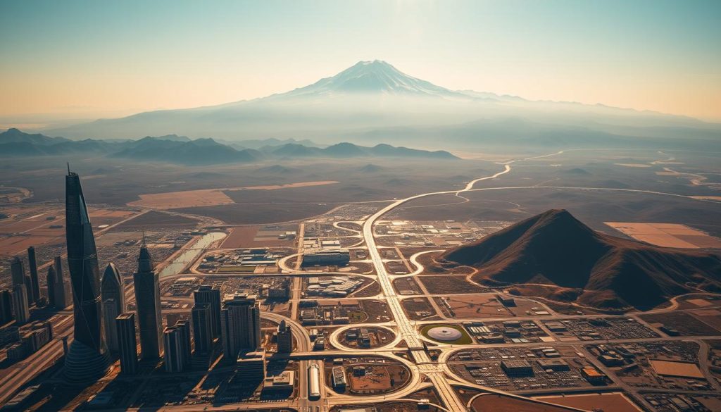 A vast, panoramic landscape depicting the strategic vision of the Umalis Group. In the foreground, a gleaming, futuristic city skyline towers over a bustling hub of activity, symbolizing the group's innovative and forward-thinking approach. In the middle ground, a network of interconnected pathways and infrastructure represents the strategic foundations that enable sustainable independence. The background is dominated by a majestic, snow-capped mountain range, evoking the strength, resilience, and long-term perspective that underpin the Umalis Group's strategic vision. The scene is bathed in warm, golden light, conveying a sense of optimism, purpose, and unwavering determination.