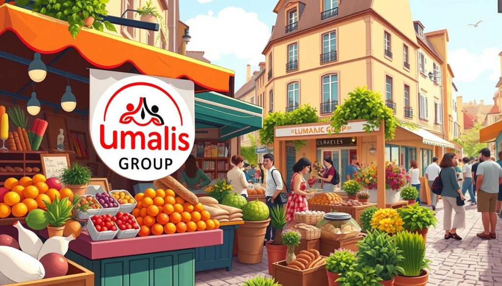 A vibrant French market scene with the Umalis Group logo prominently displayed on a colorful vendor's stall. In the foreground, a bustling array of fresh produce, artisanal breads, and fragrant flowers. In the middle ground, customers browsing the stalls, engaged in lively conversations. The background showcases the iconic architecture of a quaint French town, with cobblestone streets and sun-dappled facades. Warm, natural lighting illuminates the scene, creating a cozy, inviting atmosphere. The overall composition captures the essence of a thriving local market, highlighting the adaptability and appeal of the Umalis Group's content strategy for the French market.