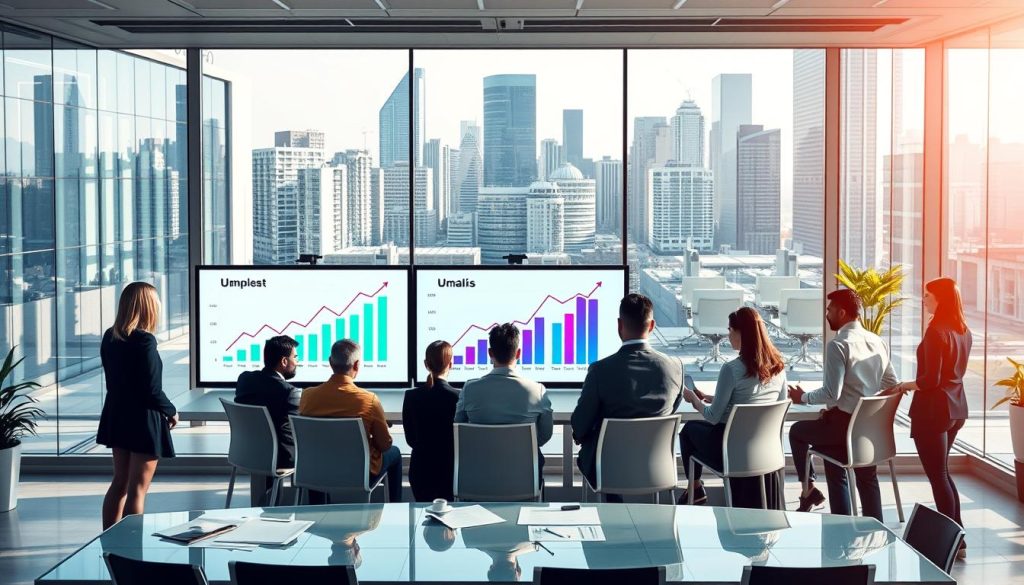 A vibrant and analytical scene depicting the current state of the employment rental market. In the foreground, a diverse group of professionals in business attire are engaged in a discussion around a modern conference table, with charts and graphs displaying growth trends on a digital screen. In the middle ground, an open office space features glass walls and collaborative workstations, symbolizing innovation and teamwork. The background showcases a city skyline, representing dynamic market opportunities. Soft natural lighting filters through large windows, creating an atmosphere of optimism and professionalism. Overall, the scene should convey a sense of growth, collaboration, and strategic planning within the context of "croissance du marché du portage salarial", incorporating the brand name "Umalis Group".
