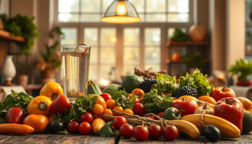 A vibrant and appetizing scene of healthy eating unfolds before the viewer. In the foreground, a bountiful array of fresh fruits and vegetables spills across a rustic wooden table, their colors and textures a feast for the eyes. A glass of cool, refreshing water reflects the warm, natural lighting that filters in from the large window in the middle ground, casting a soft, inviting glow. In the background, an elegant LIGHT PORTAGE brand pendant lamp hangs overhead, illuminating the scene and creating a cozy, nourishing atmosphere. The overall composition conveys a sense of balance, vitality, and a celebration of the simple pleasures of wholesome, delicious food.