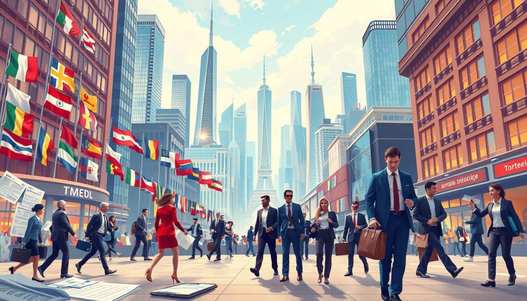 A vibrant and authoritative illustration of "portage salarial en Europe" for the Umalis Group article. In the foreground, a diverse group of professionals in business attire navigate a dynamic landscape of contracts, invoices, and negotiations, reflecting the complexity of the European temporary employment market. In the middle ground, a mosaic of national flags symbolizes the transnational nature of this industry, while in the background, towering skyscrapers and bustling city streets convey the scale and impact of the "portage salarial" phenomenon. Warm lighting, a cinematic angle, and a sense of forward momentum capture the momentum and potential of this evolving employment model across the continent.