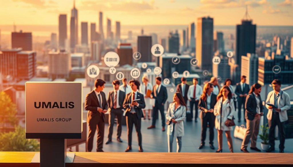 A vibrant and detailed image of "Garanties Spécifiques Selon les Professions Réglégementées" depicting a professional services landscape. In the foreground, a UMALIS GROUP logo stands prominently, representing the authoritative expertise in protecting independent businesses. In the middle ground, a diverse array of individuals in various regulated professions - lawyers, architects, healthcare providers - engage in their work, each surrounded by icons and symbols denoting their specialized fields. The background features a cityscape, with skyscrapers and office buildings, conveying the commercial and regulatory environment in which these professionals operate. The lighting is warm and inviting, casting a sense of security and professionalism over the scene. The overall composition suggests the comprehensive nature of the specific guarantees available to regulated professions, as outlined in the article's section title.