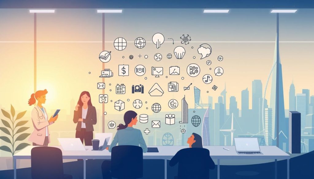 A vibrant and diverse illustration of the various sectors suitable for "portage salarial" in France. In the foreground, a dynamic team of young professionals from different industries - tech, healthcare, creative, and more - collaborating in a modern, well-lit workspace. The middle ground showcases a range of icons and symbols representing these sectors, with a sleek, minimalist aesthetic. In the background, a cityscape with skyscrapers and infrastructure, hinting at the breadth of opportunities available through "portage salarial". The overall mood is one of innovation, collaboration, and the empowerment of young talents, reflecting the Umalis Group's expertise in this domain.