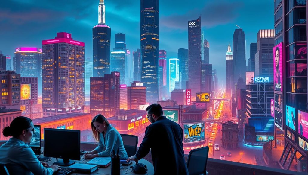A vibrant and dynamic cityscape where the principles of Portage Salarial are seamlessly integrated into the technological and creative landscapes. In the foreground, a team of professionals collaborate on a cutting-edge software project, their energy and focus palpable. In the middle ground, an artist studio showcases the creative applications of Portage Salarial, with vivid brushstrokes and bold color palettes. The background features a bustling hub of innovation, with towering skyscrapers and neon-lit streets, all illuminated by a warm, diffused lighting that evokes a sense of innovation and progress. The scene conveys the versatility and impact of Portage Salarial, as it empowers both the tech and creative sectors to thrive and collaborate in a dynamic, forward-thinking environment.